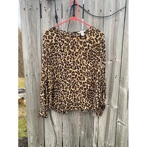 HM Womens Leopard Print Long Sleeve Blouse Smocked Ruffle Cuff Brown Tan US 12